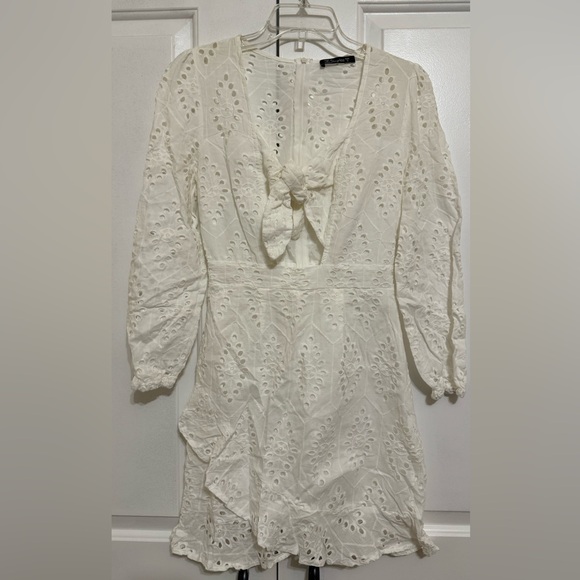 Women's Sexy Long Sleeve Lace Ruffle Mini Dress Hollow Out Summer Dress White - Picture 5 of 8